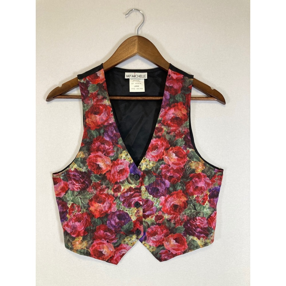 Vintage 90s My Michelle Womens LG Red Floral Tapestry Button Front Tie Back Vest